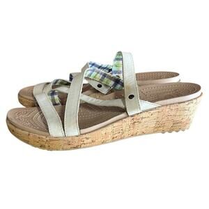 Womens Crocs A-Leigh Mini Leather Cork Wedge Heel Strappy Sandal Size 9 Brown